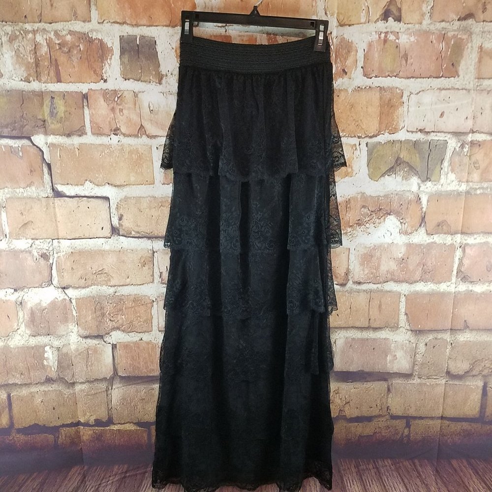 L&B Black Lace Tiered Maxi Skirt
